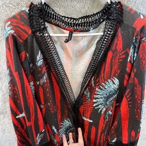 Womens Red Black Southwestern Headdress Print Kimono Cardigan Lace Boho Western